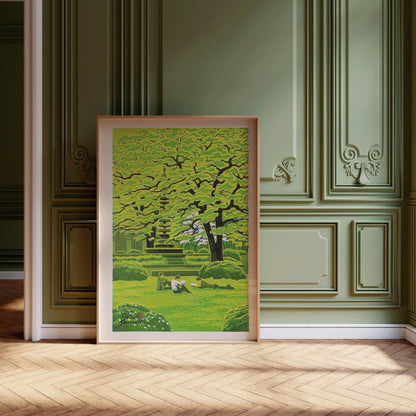 Estampe Giclée Shiro Kasamatsu "Campus de printemps" : Art paisible de l'estampe sur bois japonaise