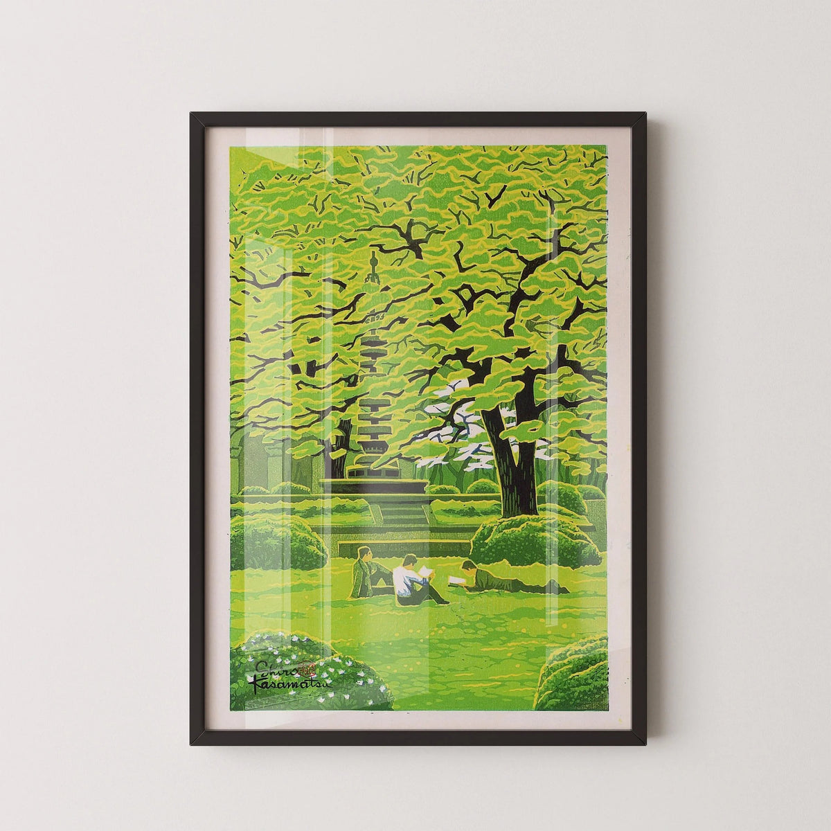 Estampe Giclée Shiro Kasamatsu "Campus de printemps" : Art paisible de l'estampe sur bois japonaise