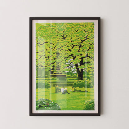 Estampe Giclée Shiro Kasamatsu "Campus de printemps" : Art paisible de l'estampe sur bois japonaise