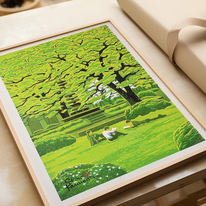 Estampe Giclée Shiro Kasamatsu "Campus de printemps" : Art paisible de l'estampe sur bois japonaise