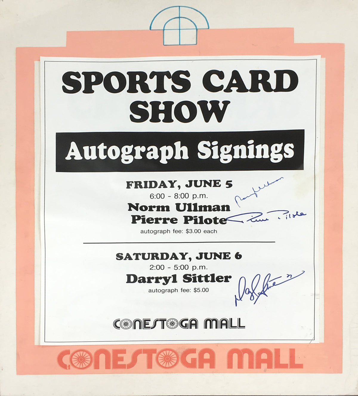 ENSEIGNE VINTAGE AUTOGRAPHÉE PAR NORM ULLMAN ET PIERRE PILOTE - BLACKHAWKS, LEAFS 28"X22"
