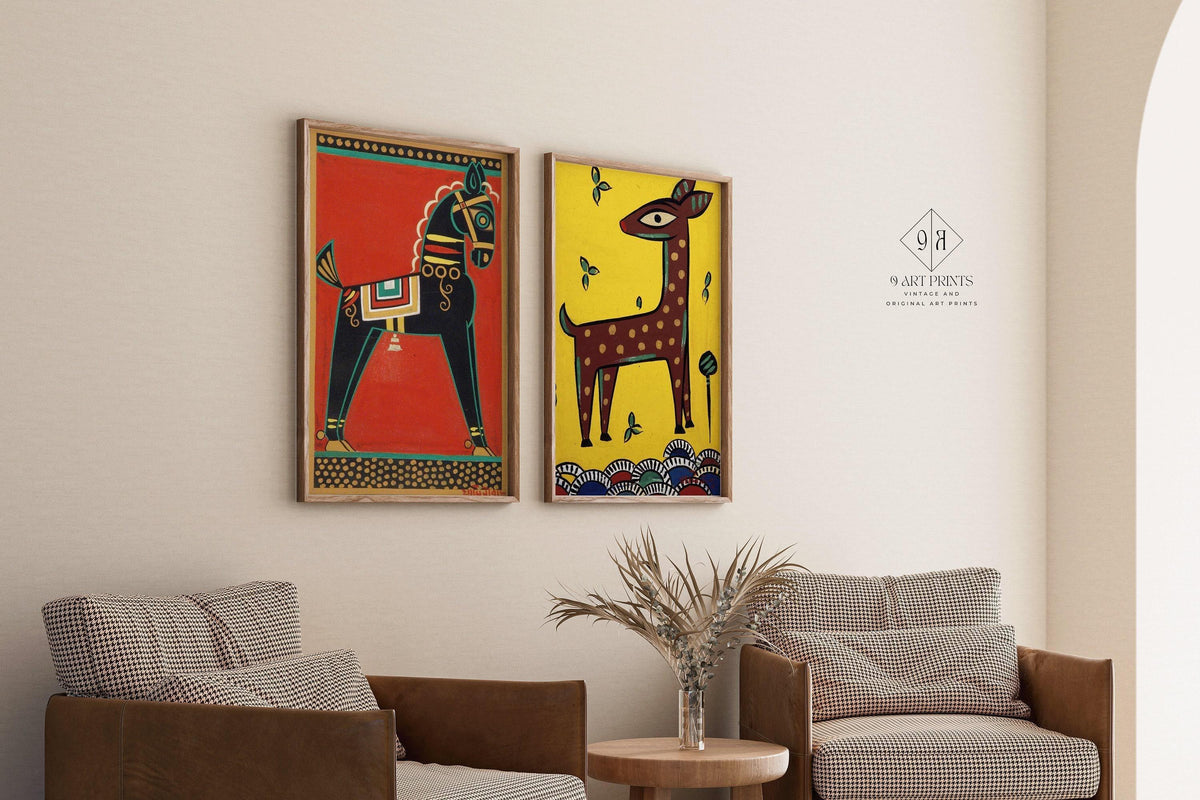 Jamini Roy Prints: Black Horse and Fawn - Traditional Bengali Art