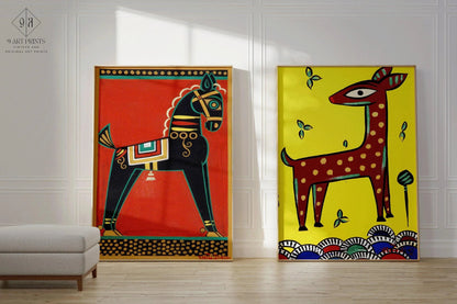 Jamini Roy Prints: Black Horse and Fawn - Traditional Bengali Art