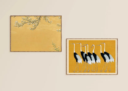 Estampes d'art de grues japonaises : Style Ukiyo-e, Duo Shin Hanga Jaune