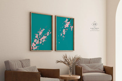 STATEMENT DUO Sakura Cherry Blossom Art Prints |  | Turquoise Pink Flower Market Print available framed
