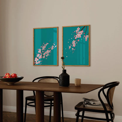 STATEMENT DUO Sakura Cherry Blossom Art Prints |  | Turquoise Pink Flower Market Print available framed