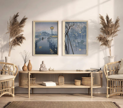 Kasamatsu Japanese Art Print Set: Rain & Evening Pond, Blue Vintage Art
