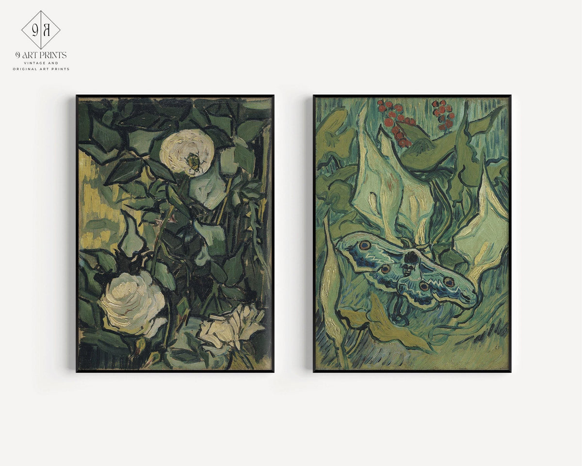 Van Gogh Art Prints: Roses and Moth, Green Wall Art