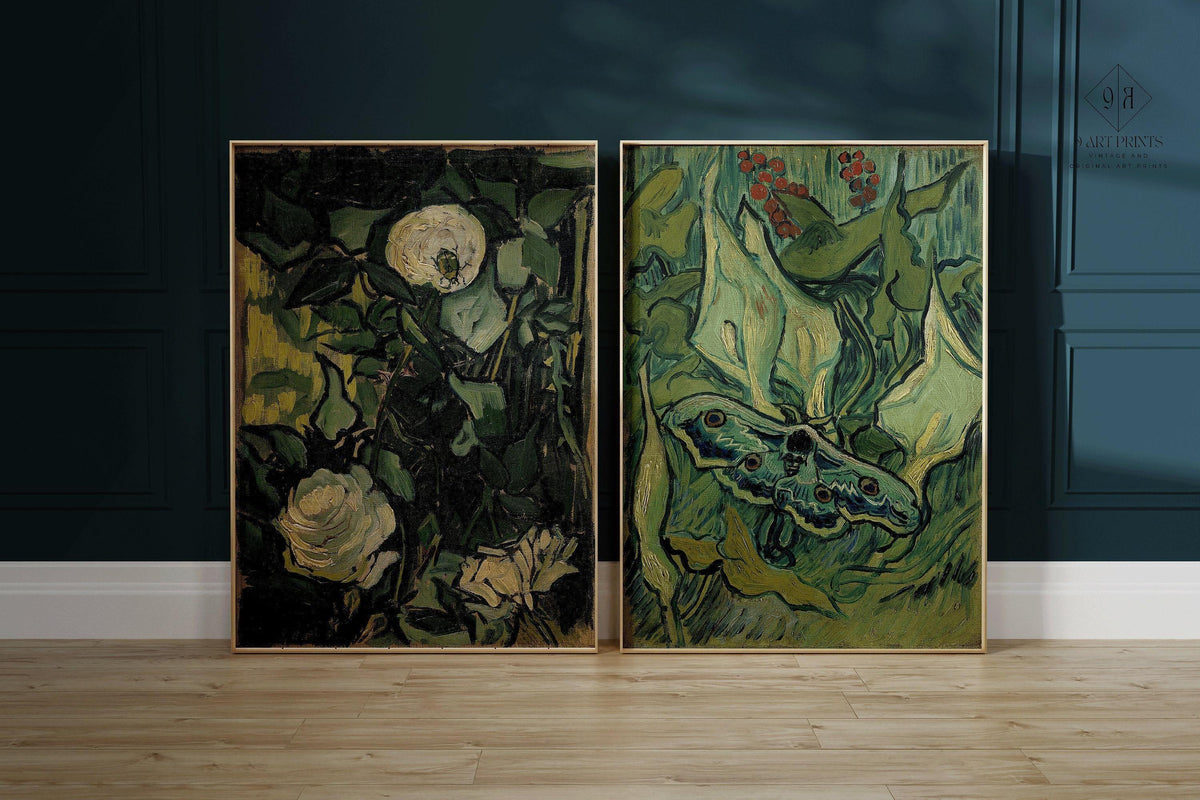 Van Gogh Art Prints: Roses and Moth, Green Wall Art
