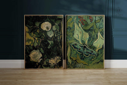 Van Gogh Art Prints: Roses and Moth, Green Wall Art