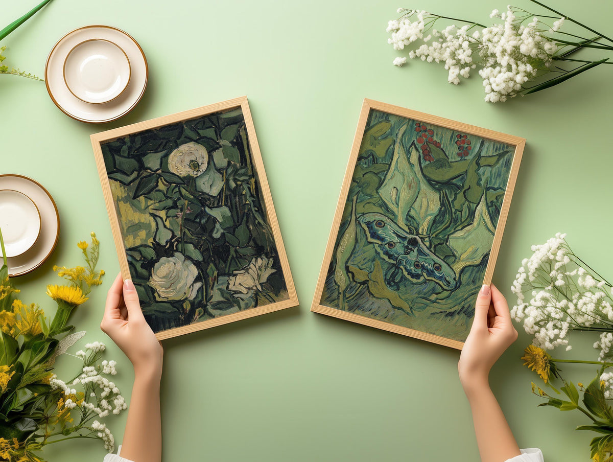 Van Gogh Art Prints: Roses and Moth, Green Wall Art