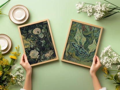 Van Gogh Art Prints: Roses and Moth, Green Wall Art