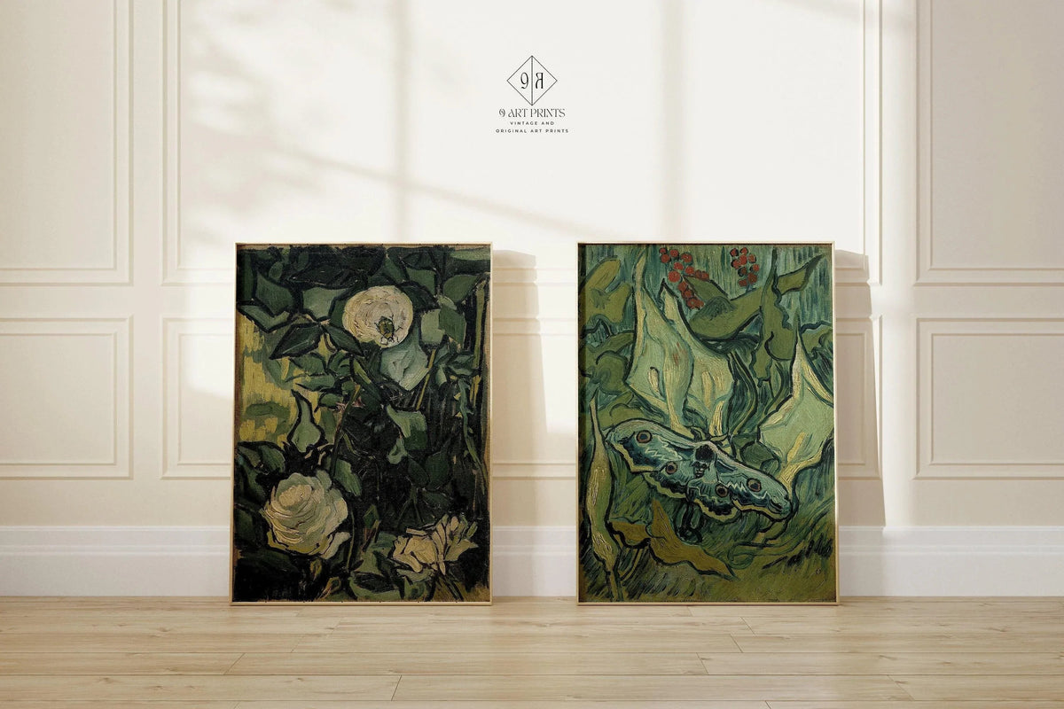 Van Gogh Art Prints: Roses and Moth, Green Wall Art
