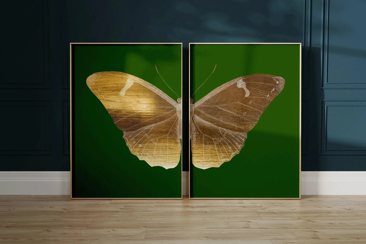 Emerald Moth Diptych Butterfly Art Prints: Vintage Gold Duo