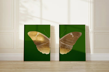 Emerald Moth Diptych Butterfly Art Prints: Vintage Gold Duo