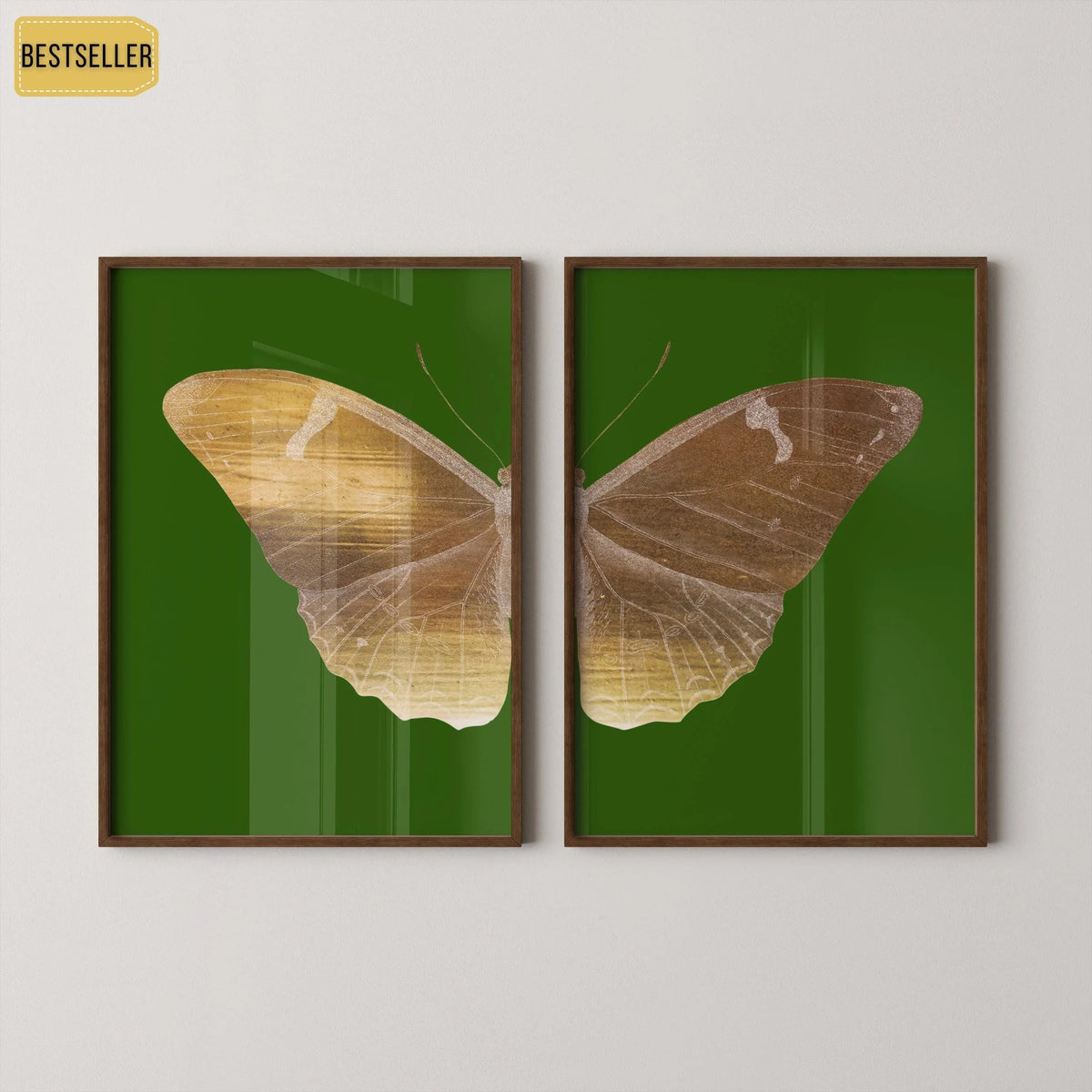 Emerald Moth Diptych Butterfly Art Prints: Vintage Gold Duo