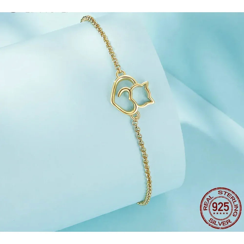 Bracelet Chaîne Cœur Chat en Argent Sterling 925