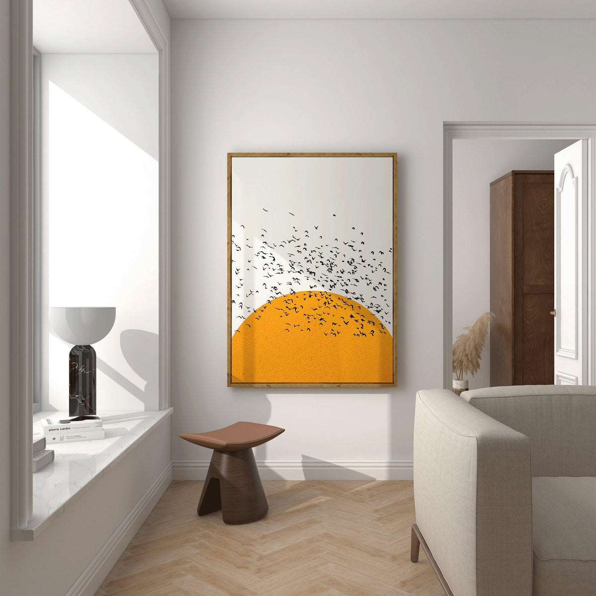 Sunset Birds Giclee Print: Retro Minimalist Art, Handframed Option