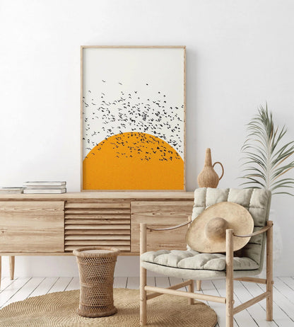 Sunset Birds Giclee Print: Retro Minimalist Art, Handframed Option