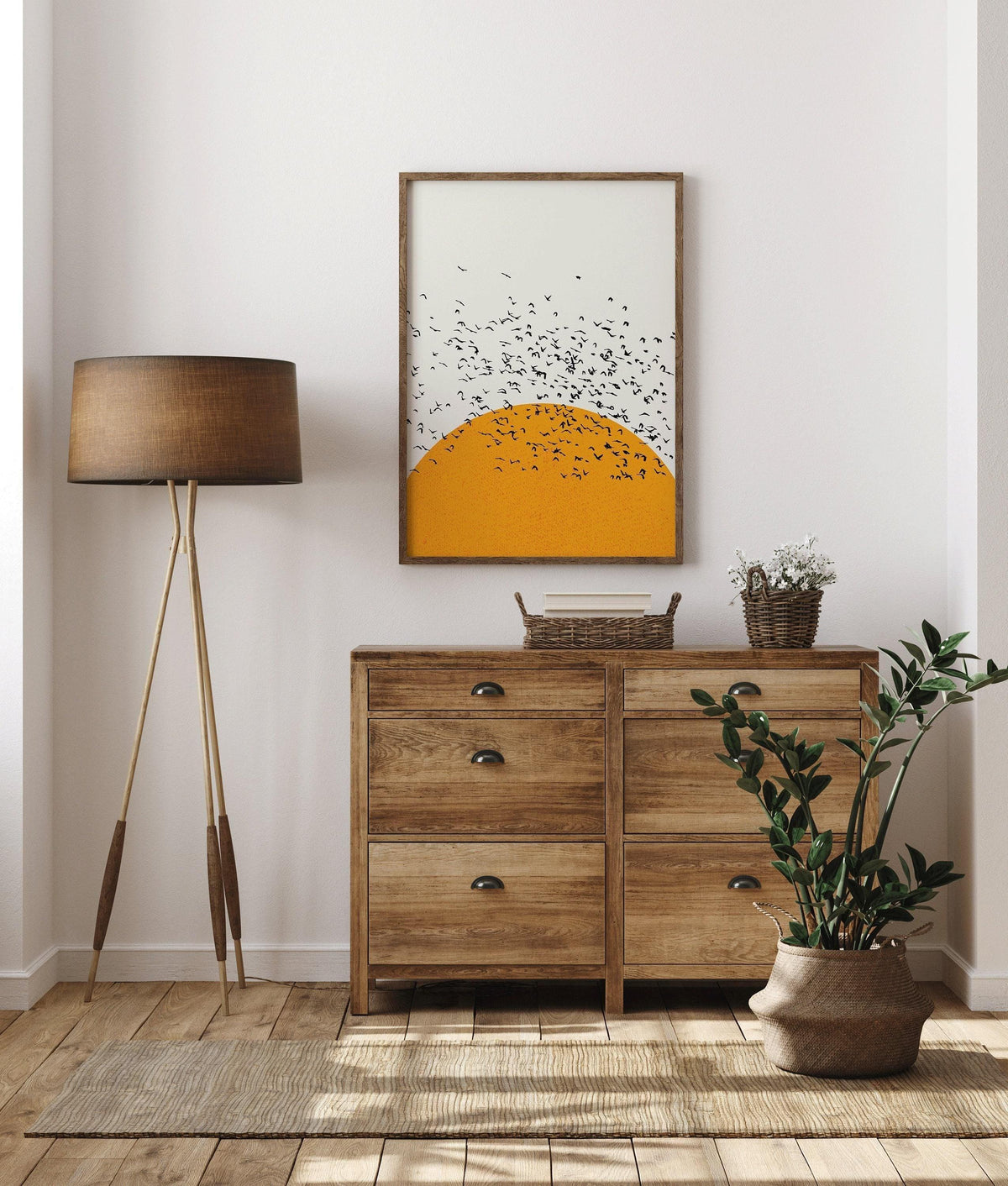 Sunset Birds Giclee Print: Retro Minimalist Art, Handframed Option
