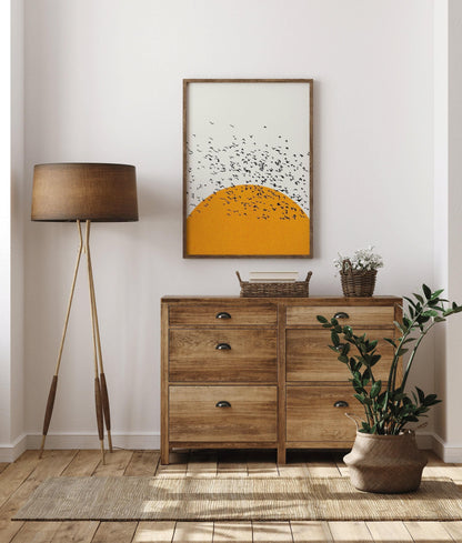 Sunset Birds Giclee Print: Retro Minimalist Art, Handframed Option