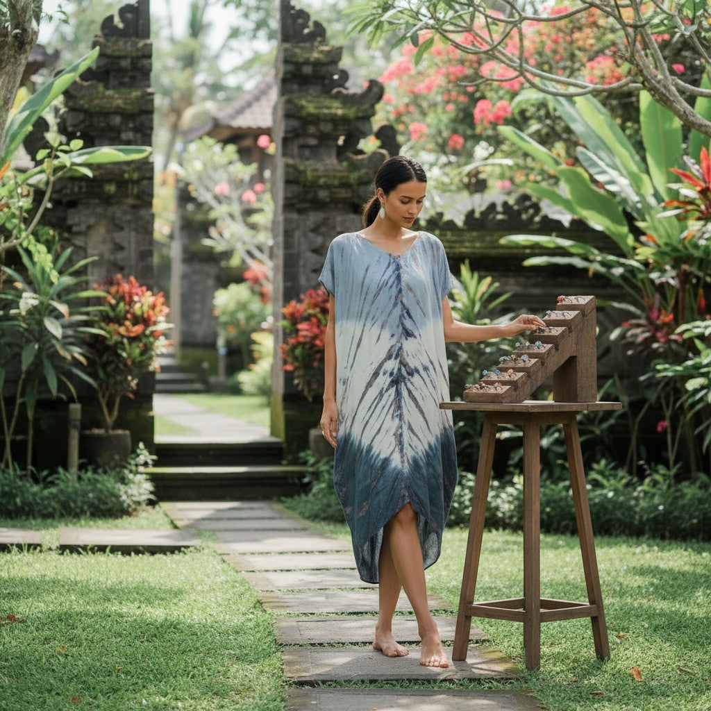 Robe Kaftan Tie Dye Ombré Lapis – Crème et Gris