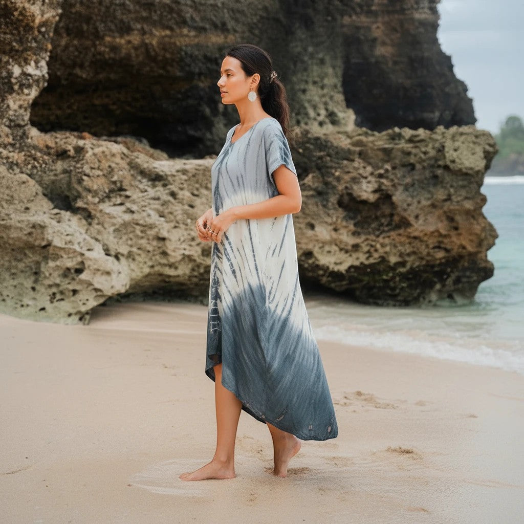 Robe Kaftan Tie Dye Ombré Lapis – Crème et Gris