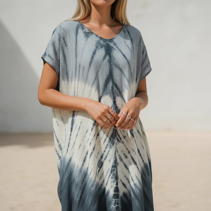Robe Kaftan Tie Dye Ombré Lapis – Crème et Gris