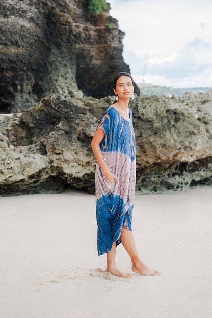 Tie Dye Kaftan Beach Dress - Blue & Pink
