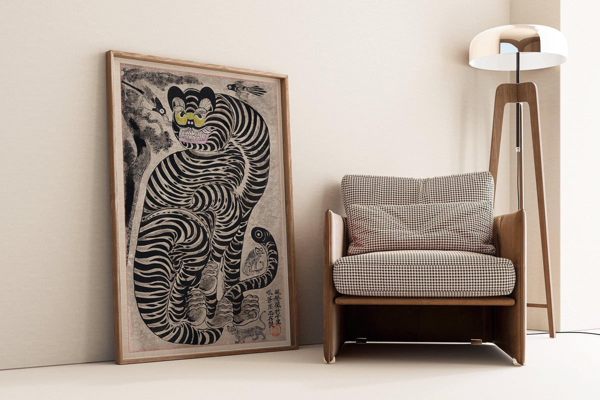 Impression d'Art sur Bois Japonaise Vintage Tigre Talismanique : Impression Giclée