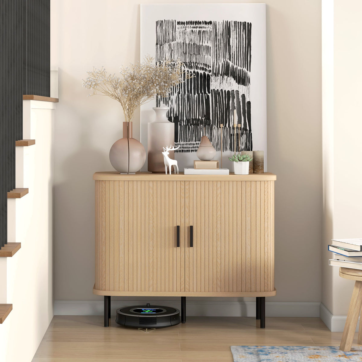 Aspen 35.4" Sideboard Buffet Cabinet with Slatted Tambour Doors-Oak