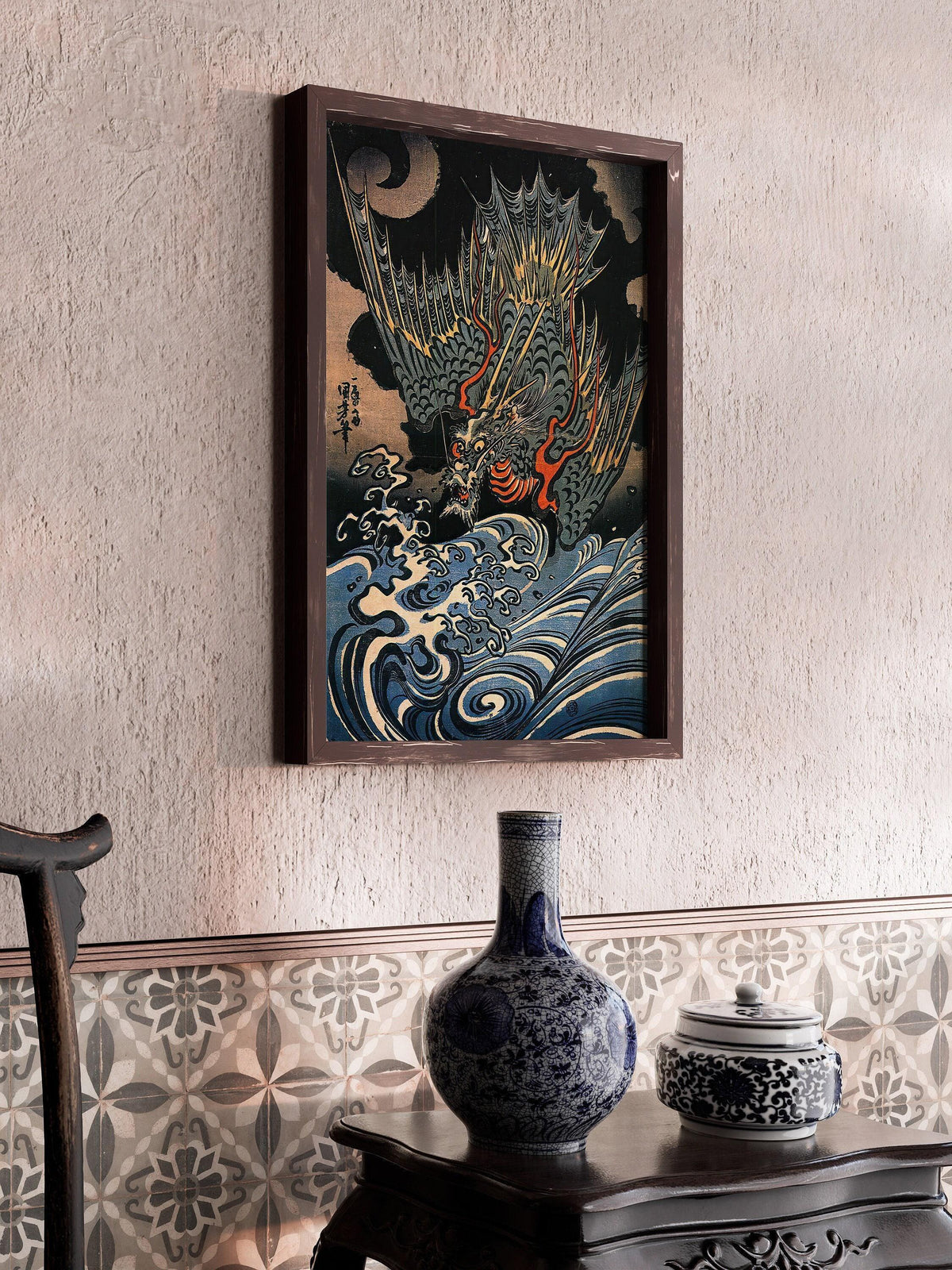 Estampe de dragon volant de Kuniyoshi : Art japonais sur bois vintage