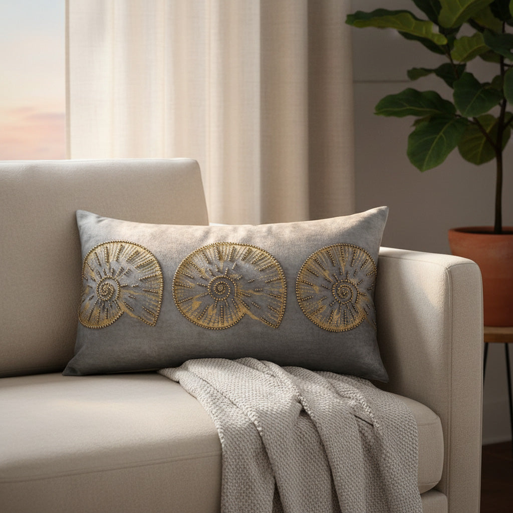 14x22" Velvet Lumbar Pillow – Golden Shell Embroidery, Silk Back, Designer Accent