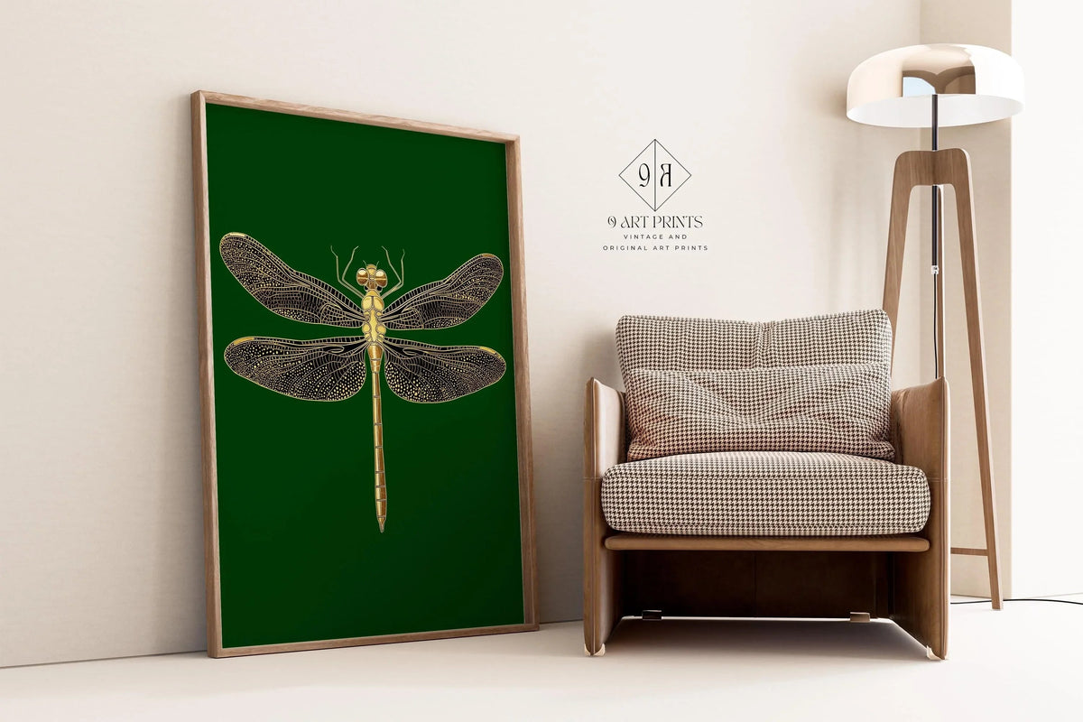 Gold Dragonfly Art Print: Emerald Green Dark Academia Style