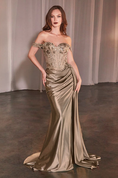ROBE DE SOIRÉE AJUSTÉE EN SATIN ET DENTELLE À ÉPAULES DÉNUDÉES