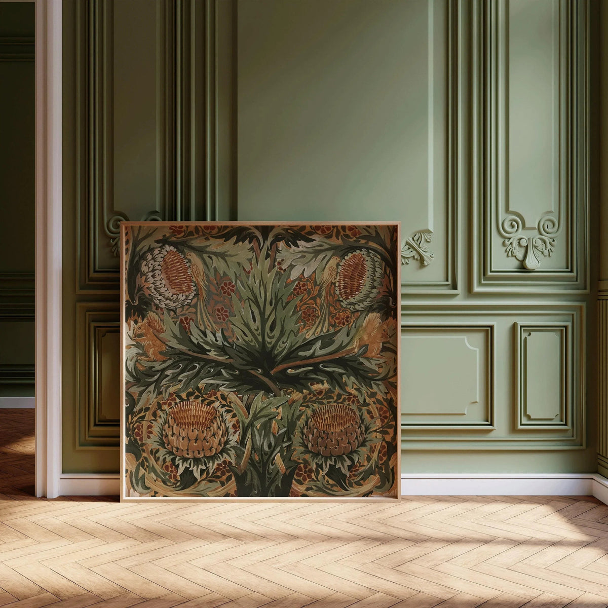 William Morris STATEMENT TRIO Arthur Heygate Mackmurdo| Artichokes Brambles Chrysanthemum & Squirrels available framed 1x1