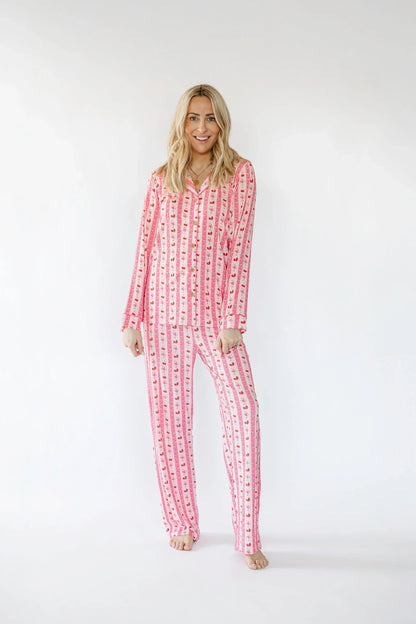 Pink Strawberry & Cherry Bows Adult Button Down Long Sleeve Pajama Top