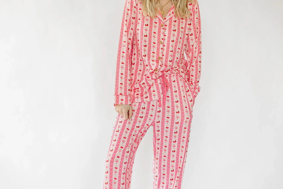 Pink Strawberry & Cherry Bows Adult Button Down Long Sleeve Pajama Top